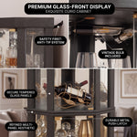 Oak corner curio cabinet shown under warm natural and cool LED lighting