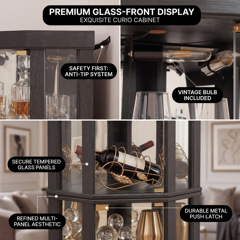 Oak corner curio cabinet shown under warm natural and cool LED lighting