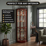 Oak corner curio cabinet shown under warm natural and cool LED lighting