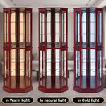 Oak corner curio cabinet shown under warm natural and cool LED lighting