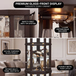 Oak corner curio cabinet shown under warm natural and cool LED lighting