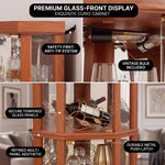 Oak corner curio cabinet shown under warm natural and cool LED lighting
