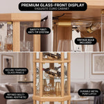Oak corner curio cabinet shown under warm natural and cool LED lighting
