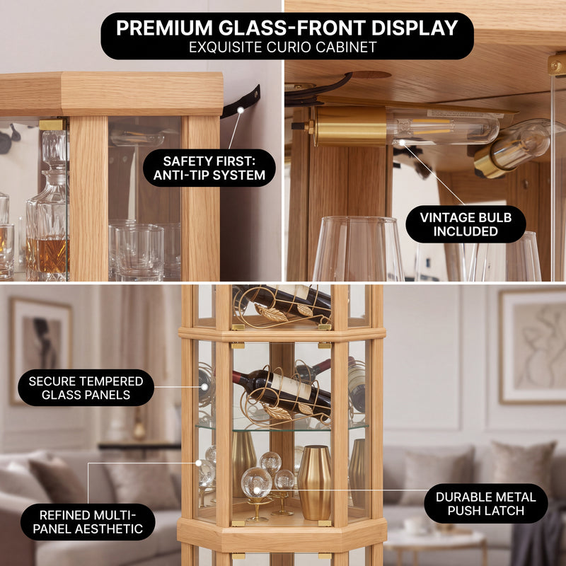 Oak corner curio cabinet shown under warm natural and cool LED lighting