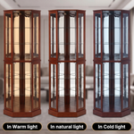 Oak corner curio cabinet shown under warm natural and cool LED lighting
