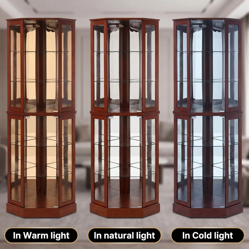 Oak corner curio cabinet shown under warm natural and cool LED lighting