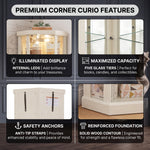 Magnetic door catch and heavy-duty metal hinge hardware on the corner curio cabinet