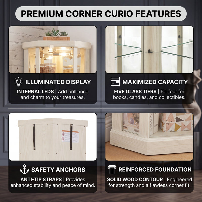 Magnetic door catch and heavy-duty metal hinge hardware on the corner curio cabinet