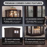 Magnetic door catch and heavy-duty metal hinge hardware on the corner curio cabinet
