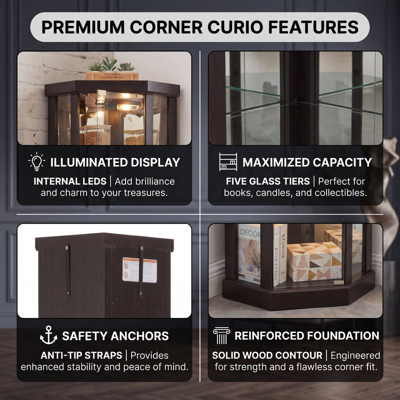 Magnetic door catch and heavy-duty metal hinge hardware on the corner curio cabinet