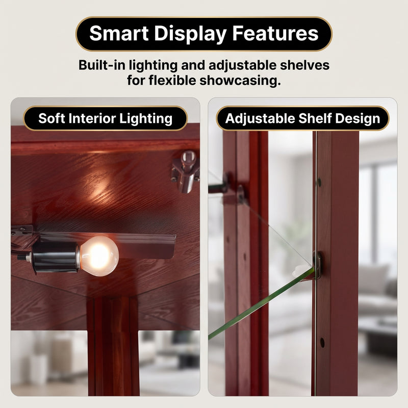 Magnetic door catch and heavy-duty metal hinge hardware on the corner curio cabinet
