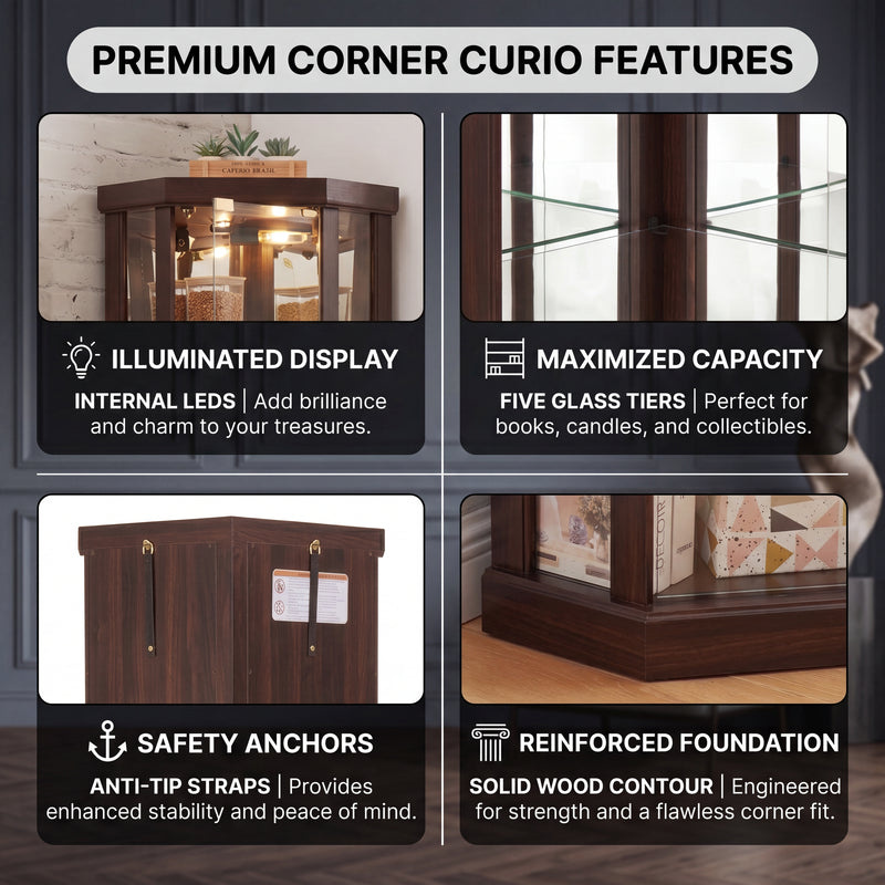 Magnetic door catch and heavy-duty metal hinge hardware on the corner curio cabinet