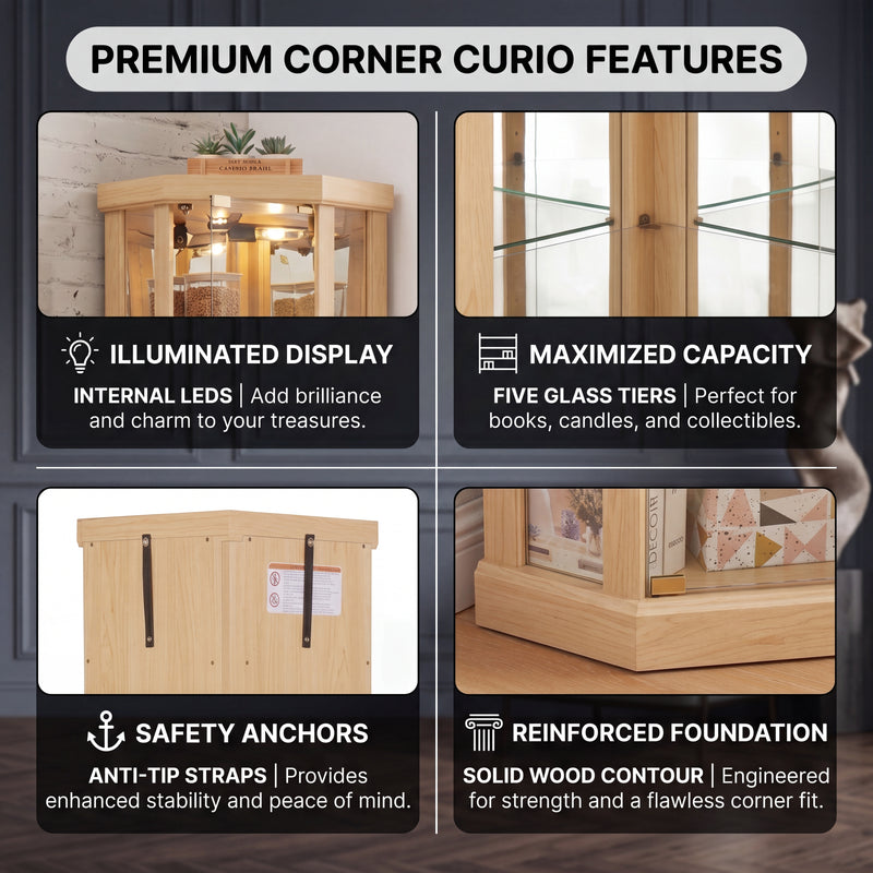Magnetic door catch and heavy-duty metal hinge hardware on the corner curio cabinet
