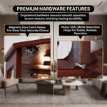 Magnetic door catch and heavy-duty metal hinge hardware on the corner curio cabinet