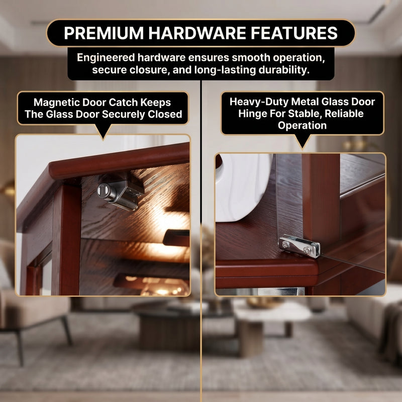 Magnetic door catch and heavy-duty metal hinge hardware on the corner curio cabinet