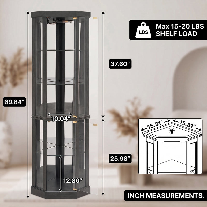 Oak corner curio cabinet dimension diagram showing 72-inch height and 26-inch width