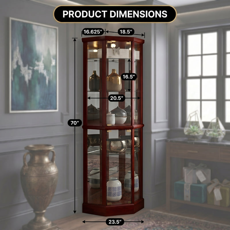 Oak corner curio cabinet dimension diagram showing 72-inch height and 26-inch width
