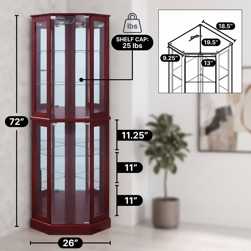 Oak corner curio cabinet dimension diagram showing 72-inch height and 26-inch width