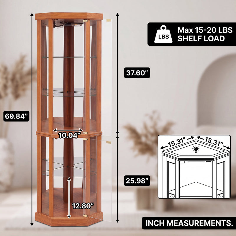 Oak corner curio cabinet dimension diagram showing 72-inch height and 26-inch width