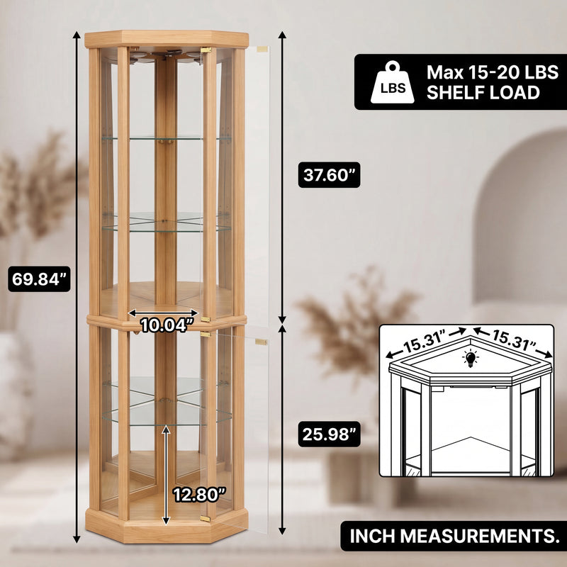 Oak corner curio cabinet dimension diagram showing 72-inch height and 26-inch width