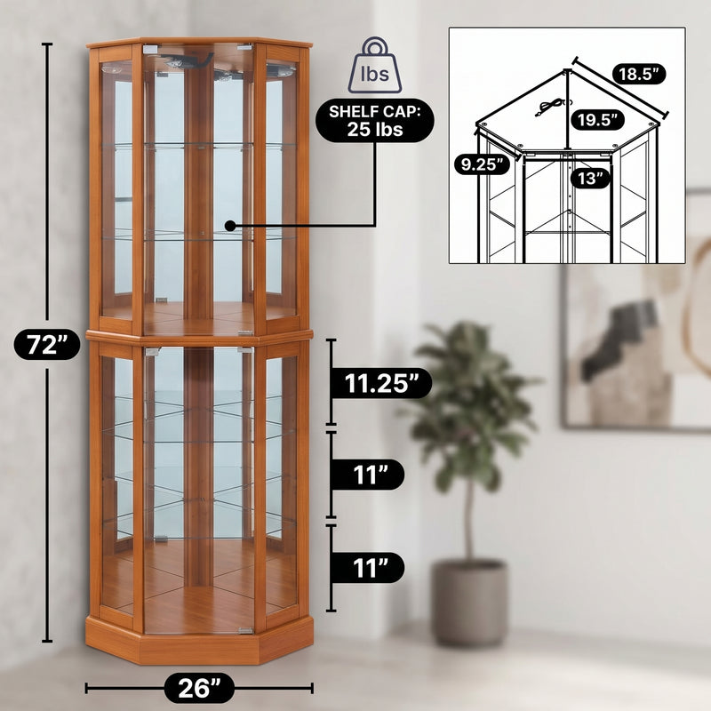Oak corner curio cabinet dimension diagram showing 72-inch height and 26-inch width