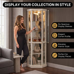 Person arranging décor inside the open glass door of the tall oak corner curio cabinet