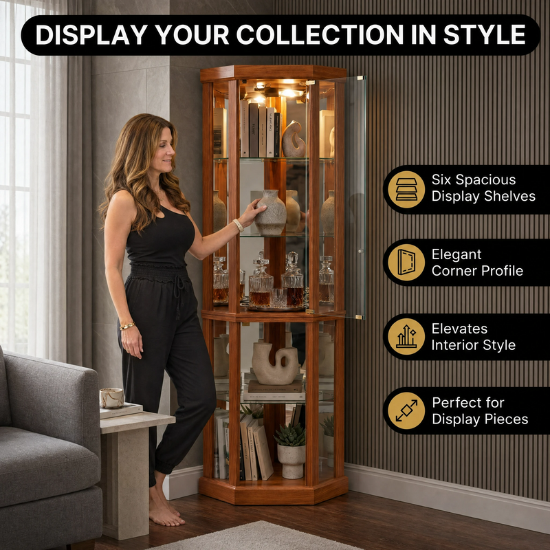 Person arranging décor inside the open glass door of the tall oak corner curio cabinet