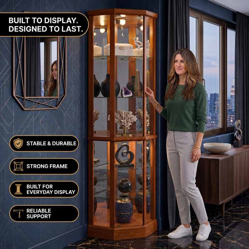 Person arranging décor inside the open glass door of the tall oak corner curio cabinet