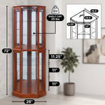 Person arranging décor inside the open glass door of the tall oak corner curio cabinet
