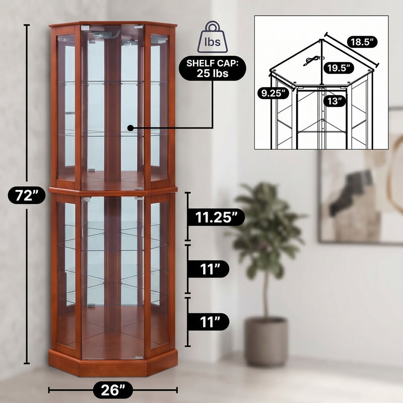 Person arranging décor inside the open glass door of the tall oak corner curio cabinet