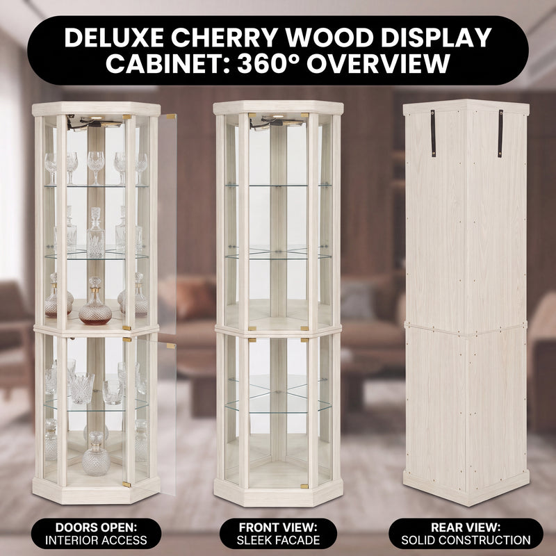 Oak corner curio cabinet shown in living room dining room entryway bedroom office and library settings