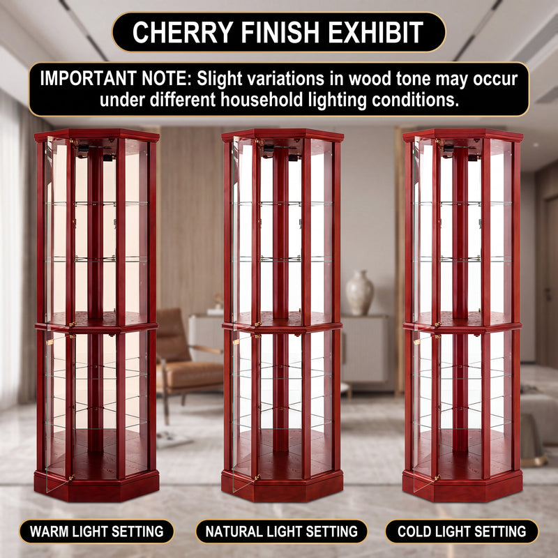 Oak corner curio cabinet shown in living room dining room entryway bedroom office and library settings