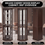 Oak corner curio cabinet shown in living room dining room entryway bedroom office and library settings