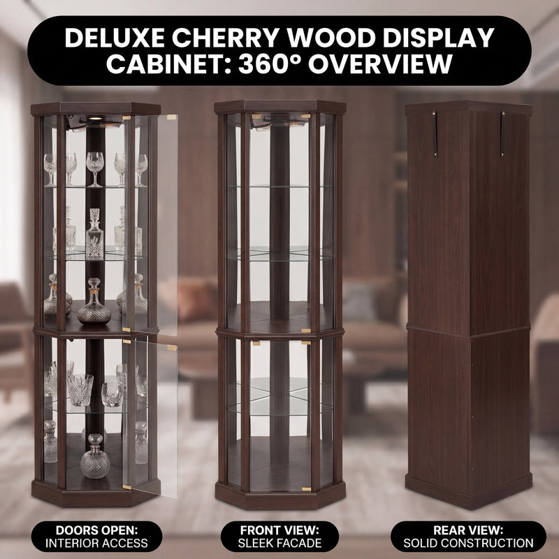 Oak corner curio cabinet shown in living room dining room entryway bedroom office and library settings