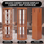Oak corner curio cabinet shown in living room dining room entryway bedroom office and library settings
