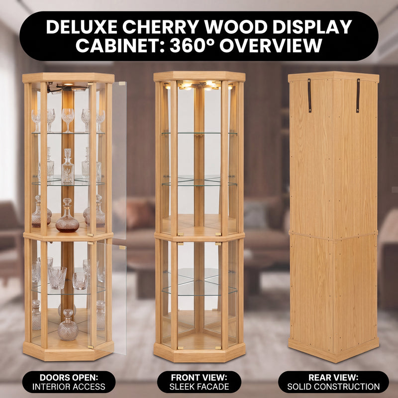 Oak corner curio cabinet shown in living room dining room entryway bedroom office and library settings