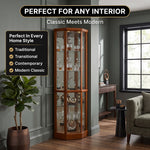 Oak corner curio cabinet shown in living room dining room entryway bedroom office and library settings