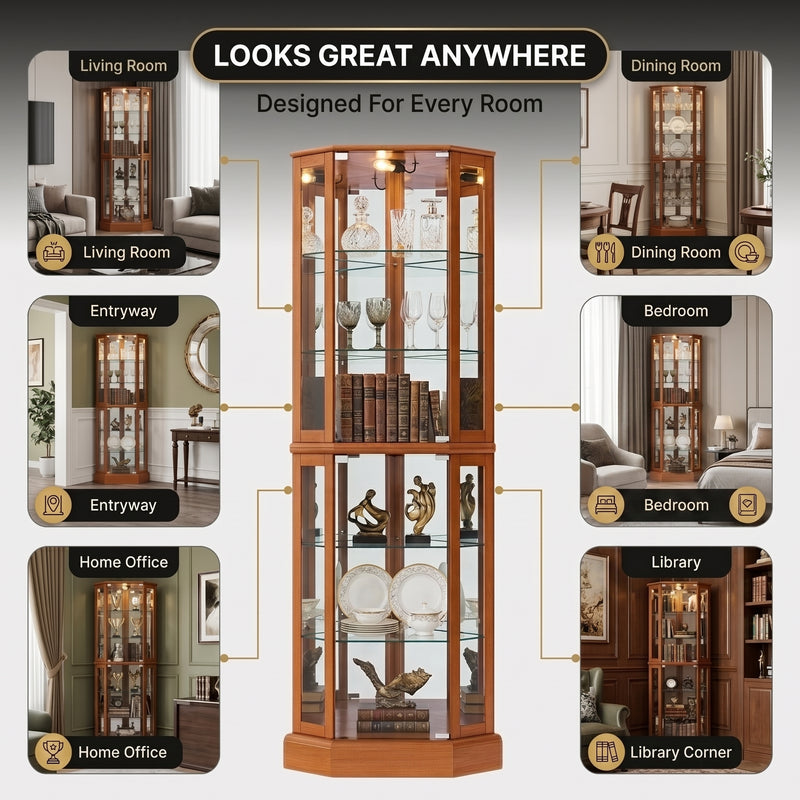Oak corner curio cabinet shown in living room dining room entryway bedroom office and library settings