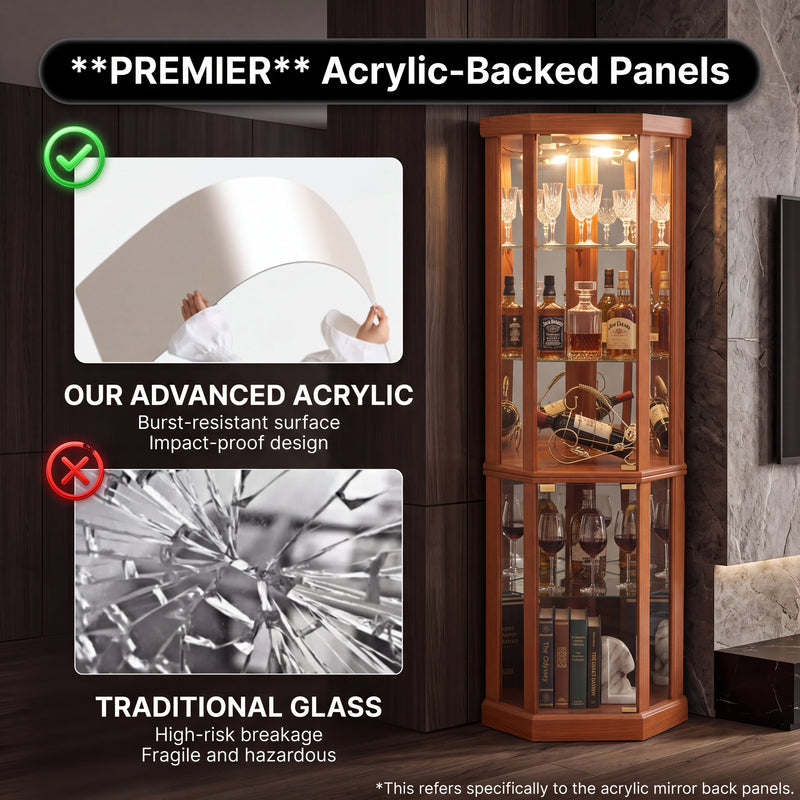 Close-up of the tempered glass door and curved corner design of the oak curio cabinet