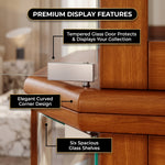 Close-up of the tempered glass door and curved corner design of the oak curio cabinet
