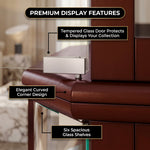 Close-up of the tempered glass door and curved corner design of the oak curio cabinet