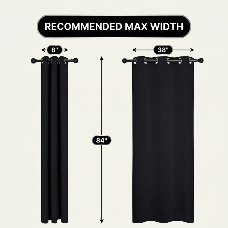 Curtain size guide showing 8-inch folded width, 38-inch open width, and 84-inch length