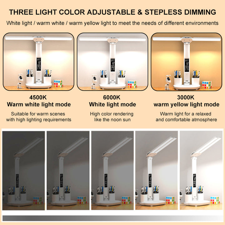LED Desk Lamp Multifunction LCD Table Lamps With Calendar USB Dimmable Touch Night Light With Pens Holder Student Reading Office