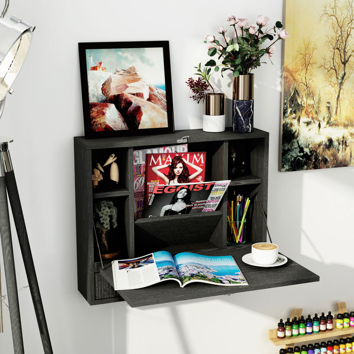 HOMCOM Wall Mounted Desk Black Floating with Storage Shelves Foldable Tabletop Space Saving Design