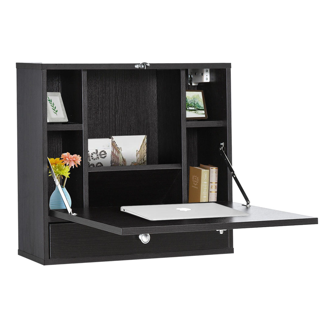 HOMCOM Wall Mounted Desk Black Floating with Storage Shelves Foldable Tabletop Space Saving Design
