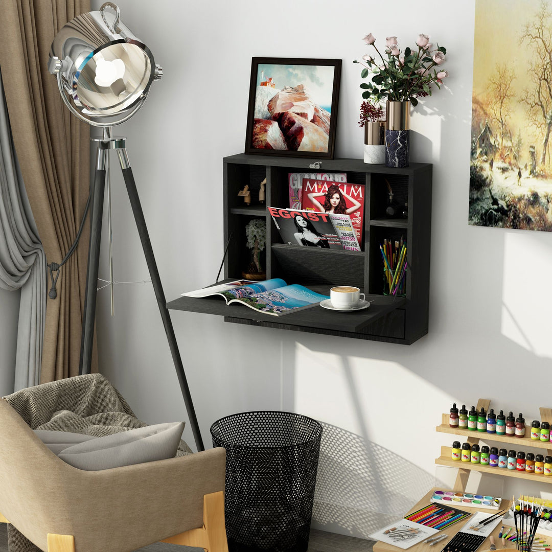 HOMCOM Wall Mounted Desk Black Floating with Storage Shelves Foldable Tabletop Space Saving Design