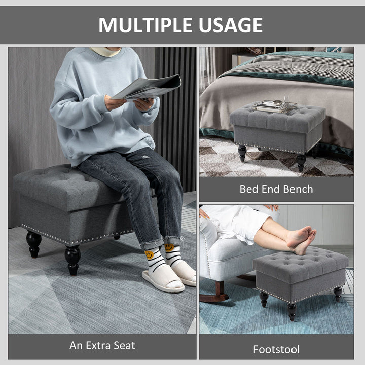 HOMCOM Storage Ottoman 25" with Removable Lid Button-Tufted Fabric Bench Wood Legs Grey Footrest Seat