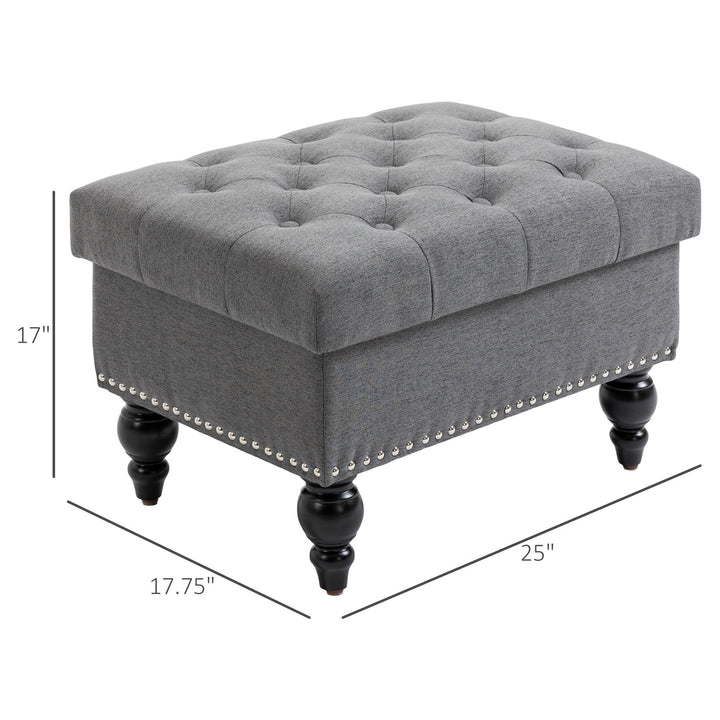 HOMCOM Storage Ottoman 25" with Removable Lid Button-Tufted Fabric Bench Wood Legs Grey Footrest Seat