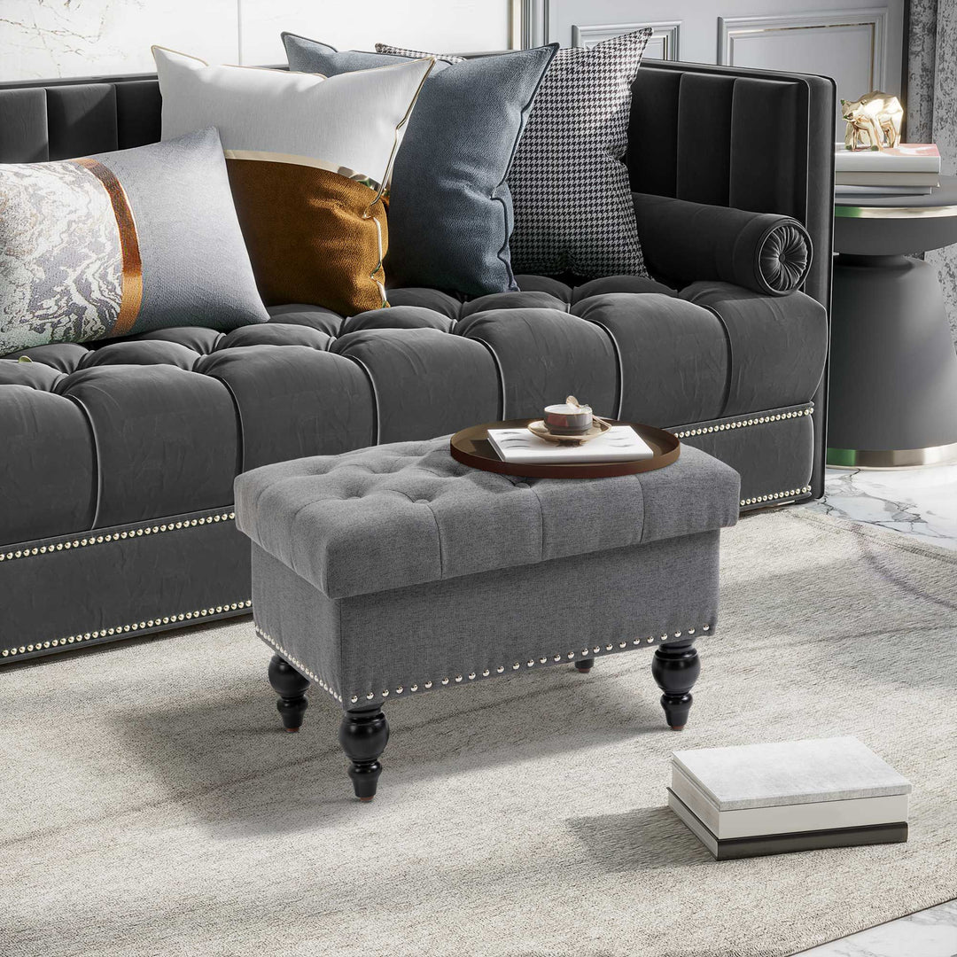 HOMCOM Storage Ottoman 25" with Removable Lid Button-Tufted Fabric Bench Wood Legs Grey Footrest Seat