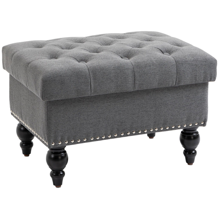 HOMCOM Storage Ottoman 25" with Removable Lid Button-Tufted Fabric Bench Wood Legs Grey Footrest Seat
